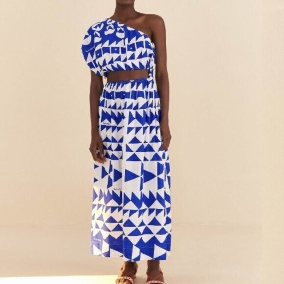 Farm Rio “Pitta Tiles” One‑Shoulder Maxi Dress • NWT • Off‑White / Blue Tile • L - Picture 1 of 6